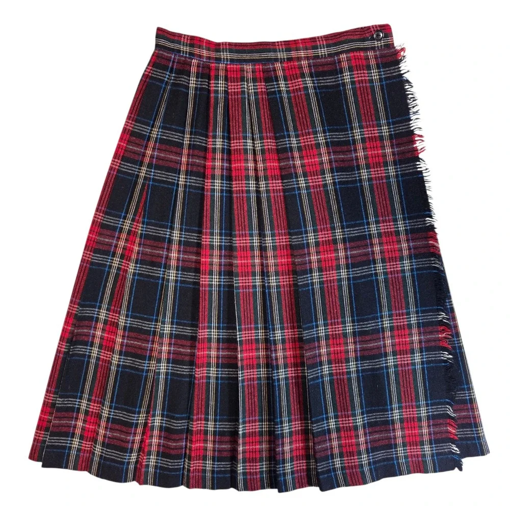 Vtg Red Plaid Wool Midi Skirt Womens Small Fringe Outlander Old Money Preppy 90s